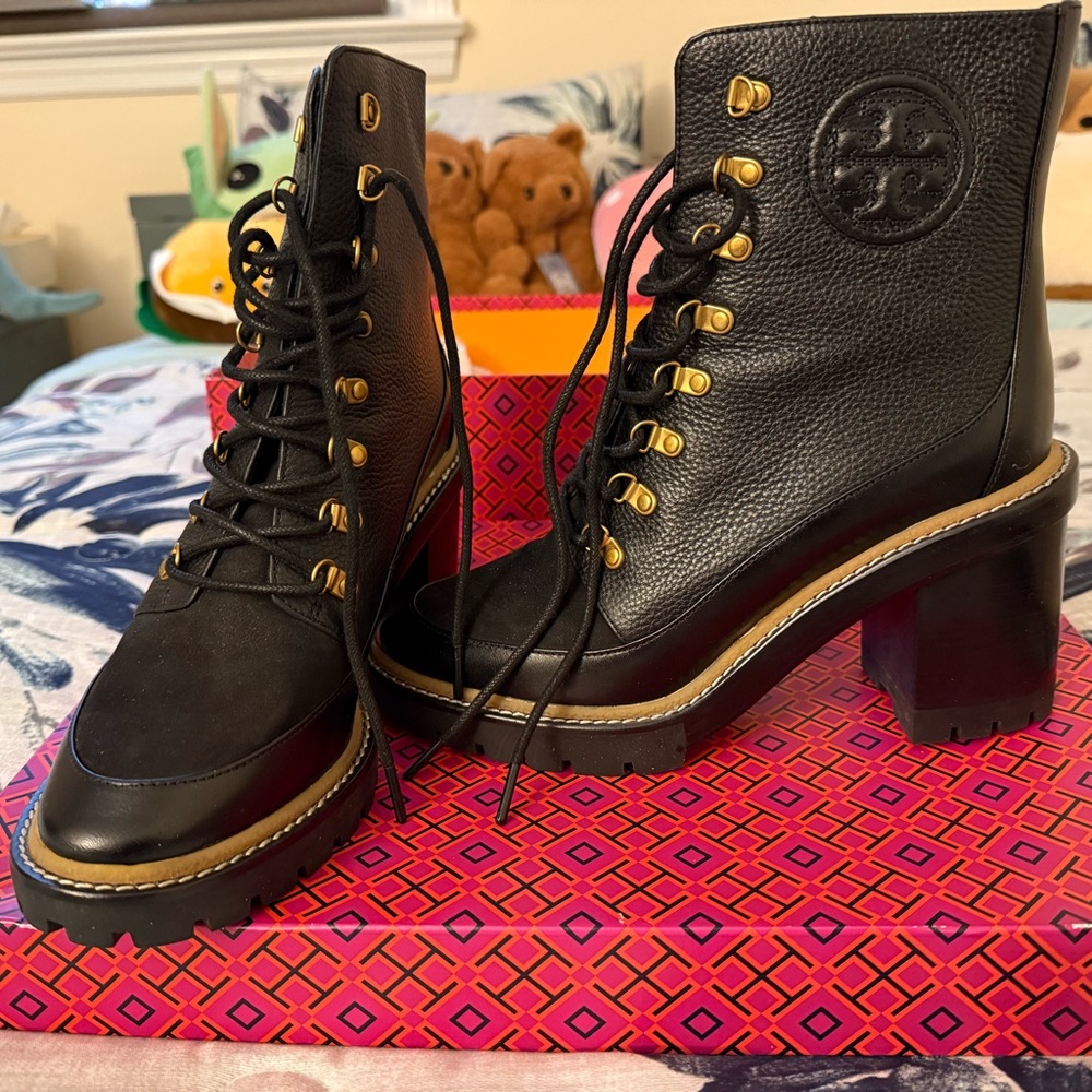 Tory Burch Black and Gold Lace-Up Boots